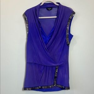 BEBE Purple V-Neck Draped Sleeveless Dress with Beaded Trim